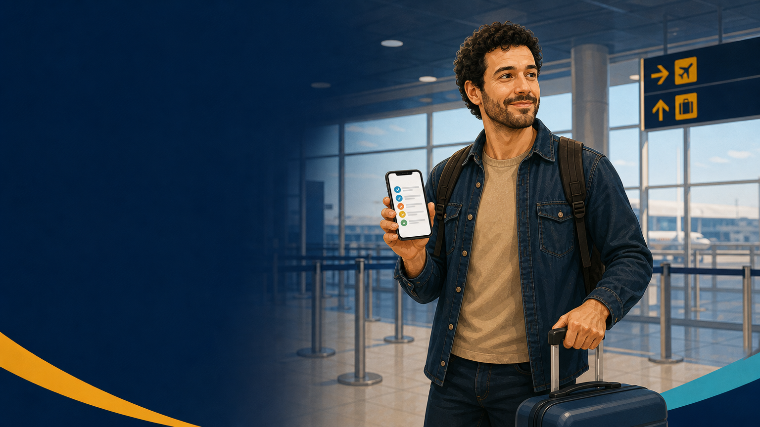 Viajante confiante consultando seu planejamento no aeroporto